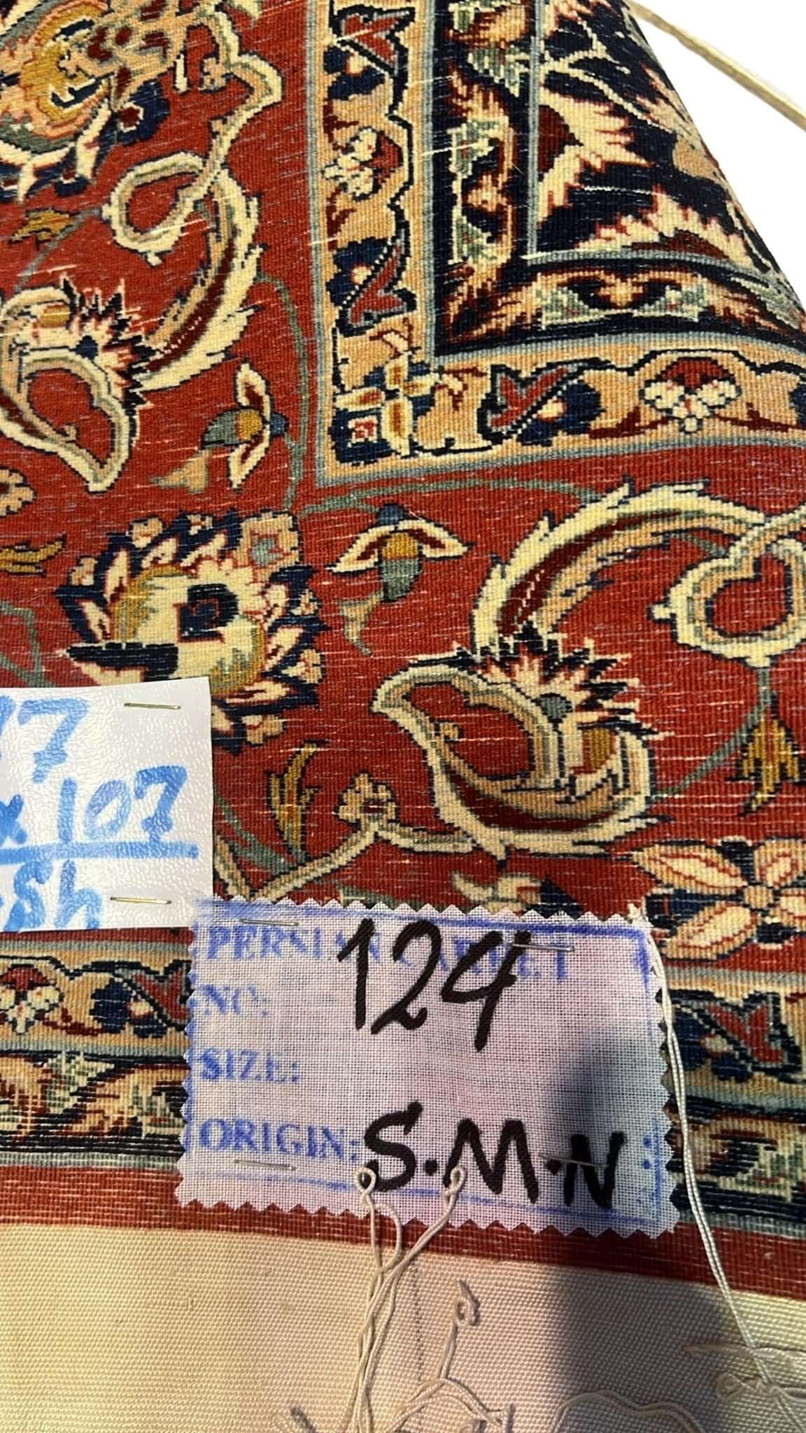 "Backside of an Ahmad Seirafian Persian rug, highlighting the fine knotting and silk warp for durability and luxury."